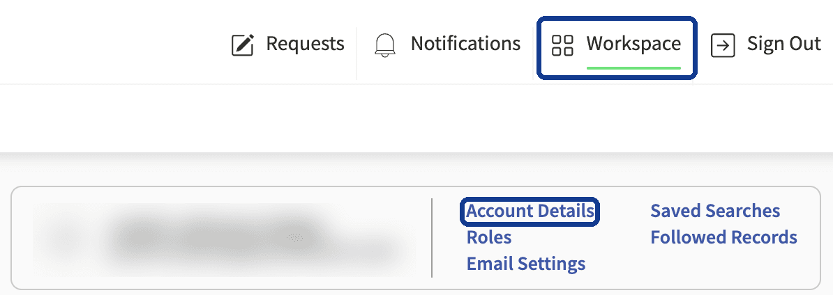 The SAM.gov header with Workspace highlighted, and the Account Details link highlighted in the Workspace profile card.